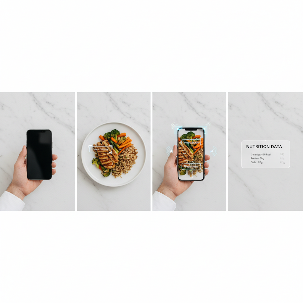 Four-step AI food recognition process from photo capture to nutritional data