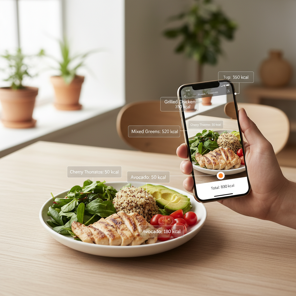 Smartphone camera analyzing a colorful lunch plate with AI overlay highlighting individual food items and nutritional data