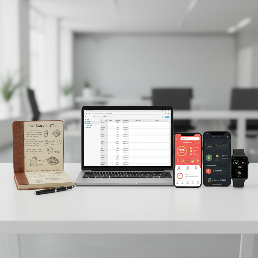 Infographic showing the evolution of nutrition tracking from handwritten food diaries to AI-powered photo analysis and wearable integration