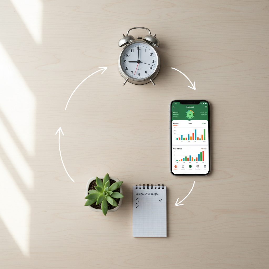 The habit loop cycle: cue (clock), routine (tracking app), reward (progress)