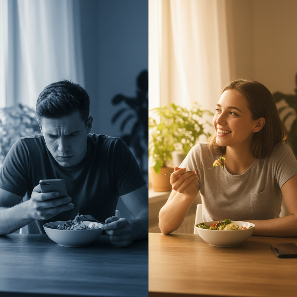 Contrast between stressed calorie counting and relaxed mindful eating