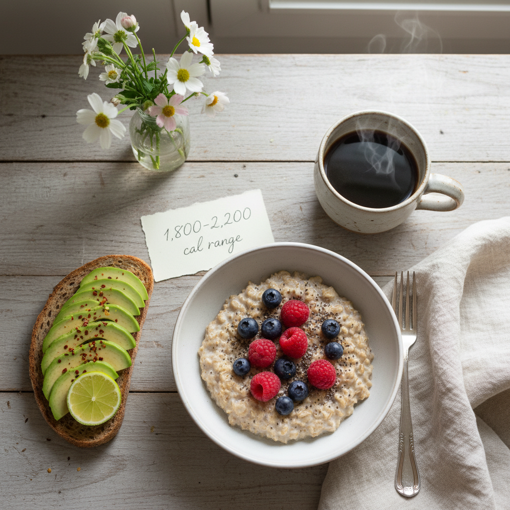 Calm breakfast scene with flexible calorie range noted on a card
