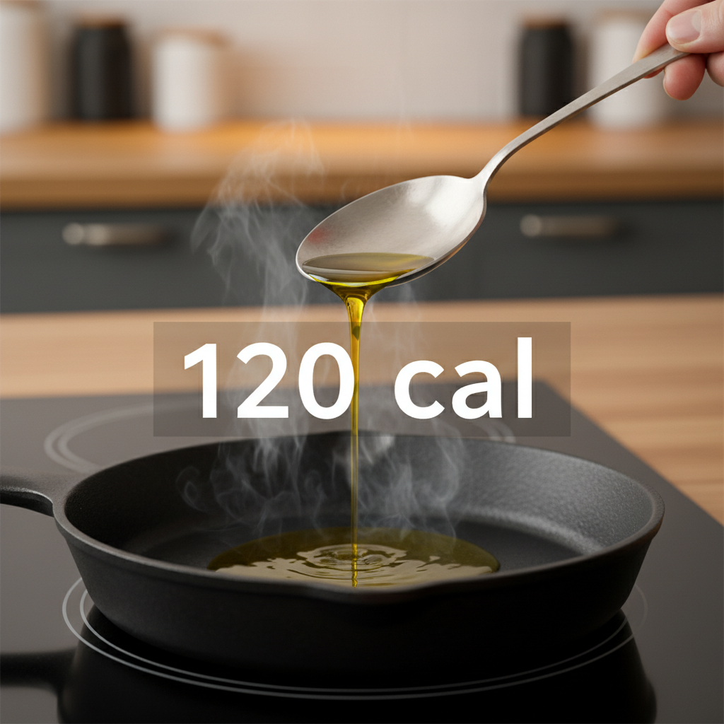 Measuring spoon pouring olive oil into a pan with 120 calorie label