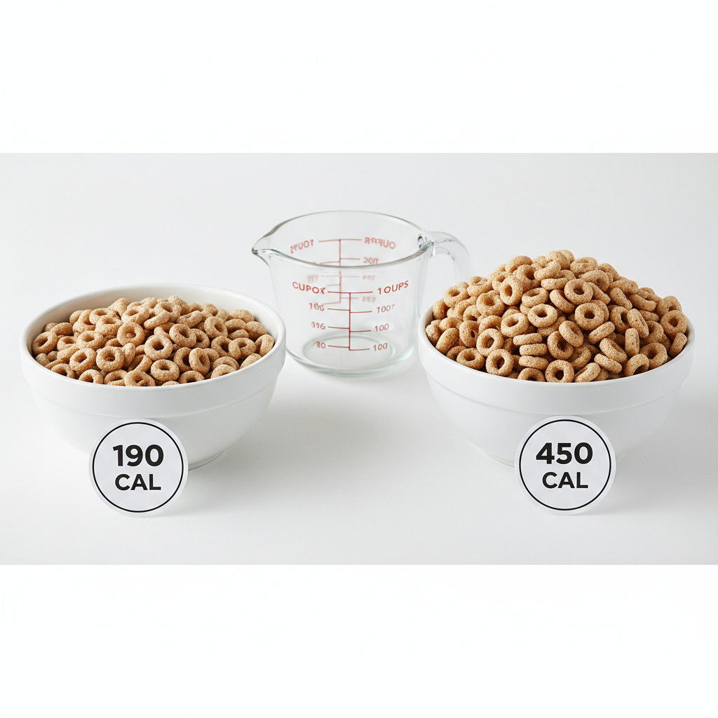 Side-by-side comparison of a proper cereal serving versus typical overflowing portion