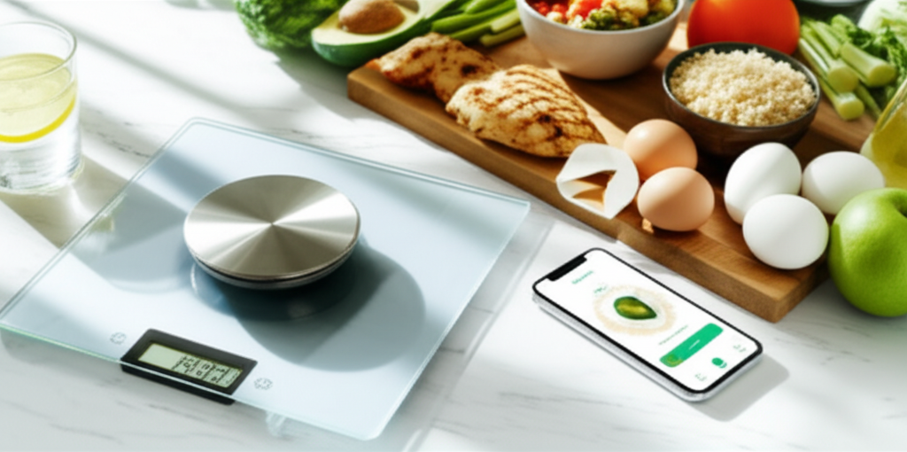Modern kitchen counter with healthy foods, digital scale, and smartphone showing calorie tracking app