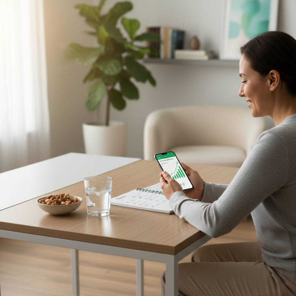 Person reviewing weight management progress on smartphone with healthy meal and fitness equipment nearby