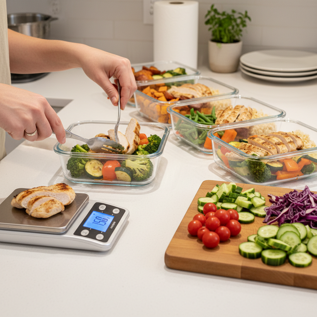 Person preparing a balanced meal in a bright kitchen with meal prep containers and a food scale on the counter