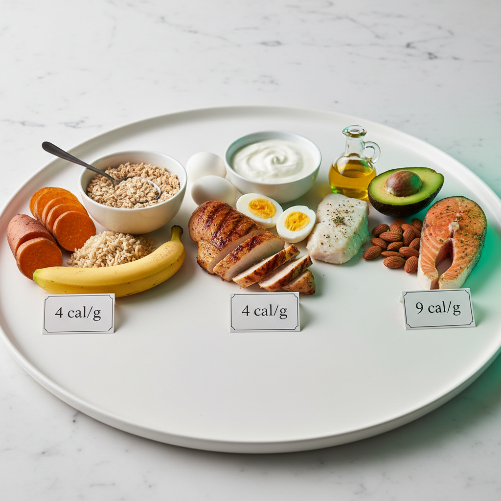Three macronutrient groups with calories per gram: carbs 4, protein 4, fat 9