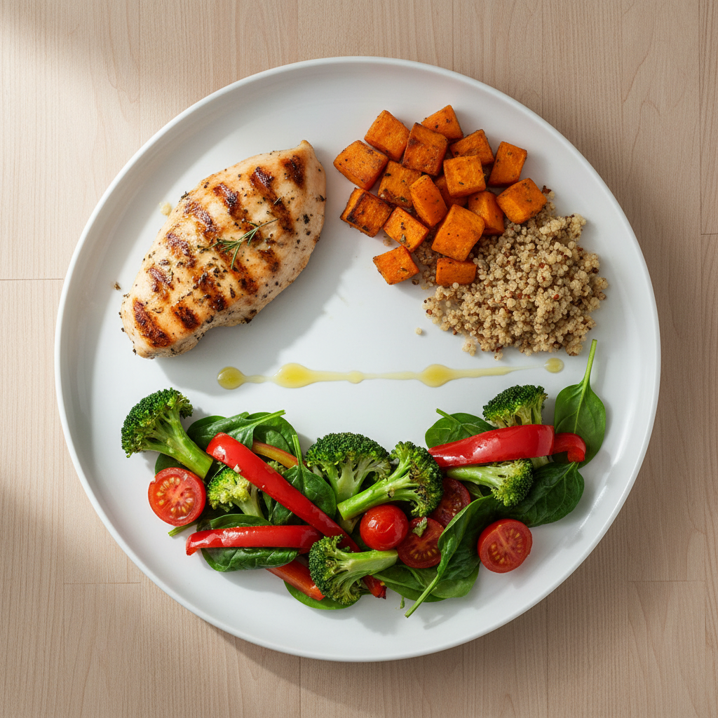 Perfectly balanced plate divided into protein, carbs, and vegetables with healthy fats