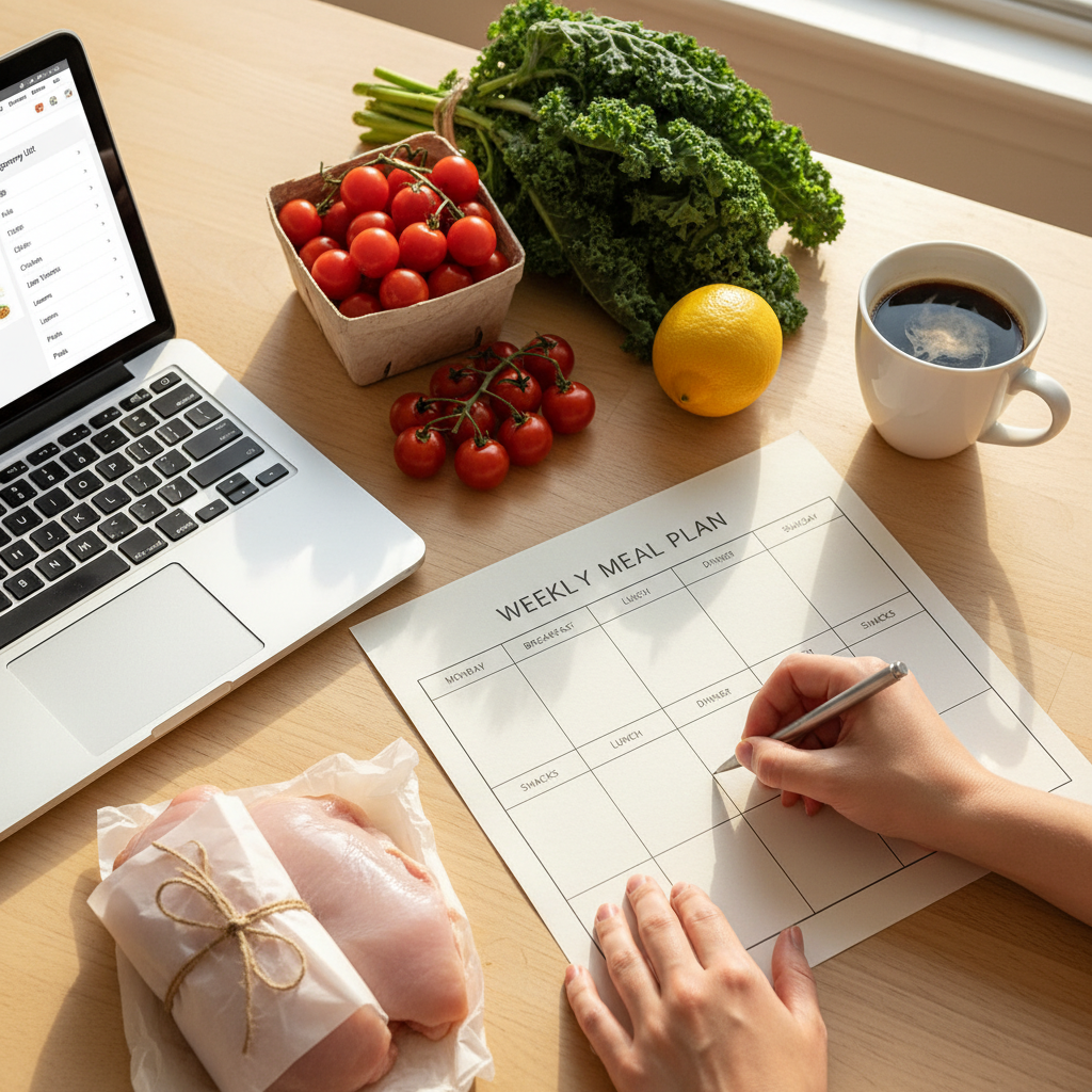 Organized weekly meal planning spread with grocery list, recipes, and portioned ingredients on a kitchen table