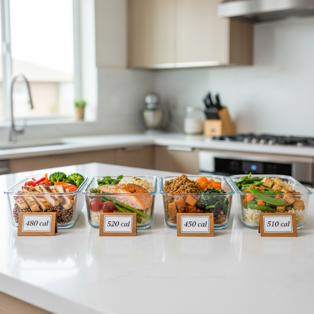 Four meal prep containers with calorie labels showing 450-520 calories each