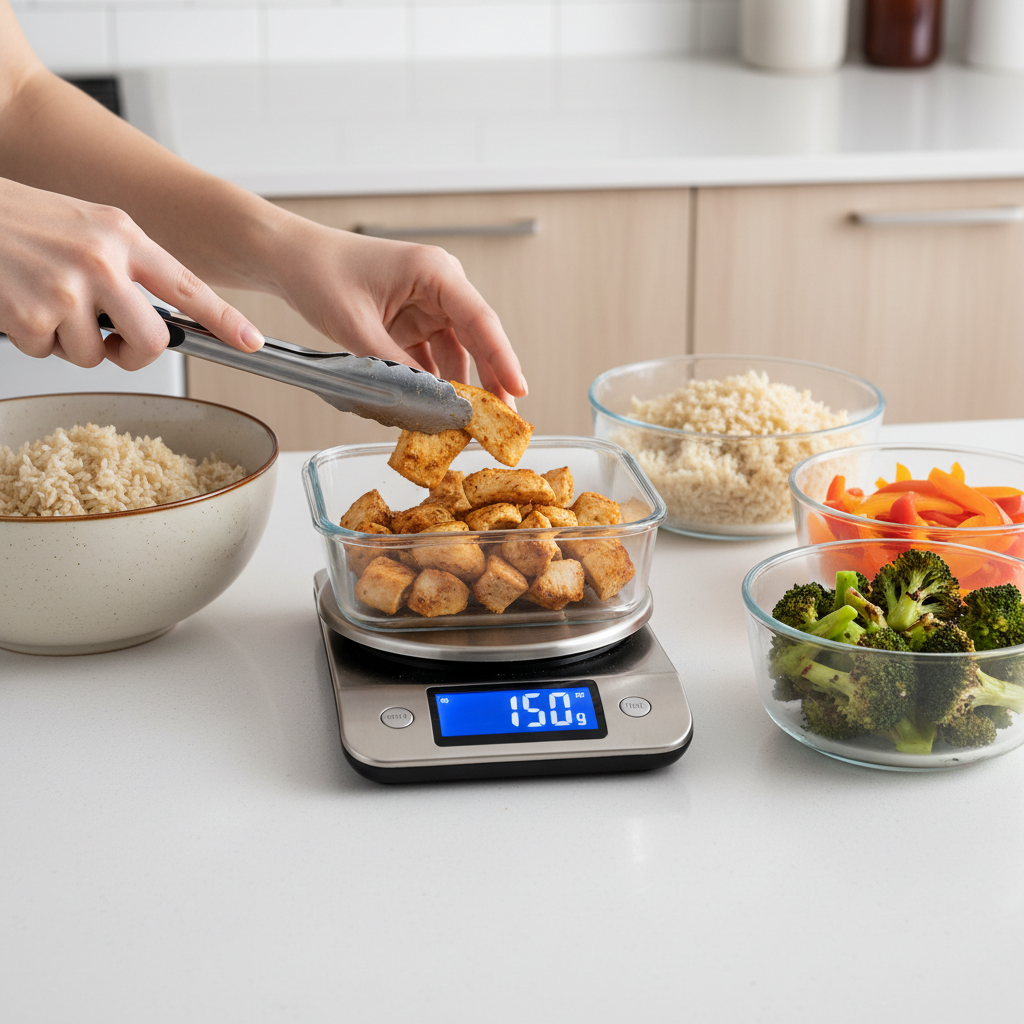 Hands using a digital scale to portion food into meal prep containers