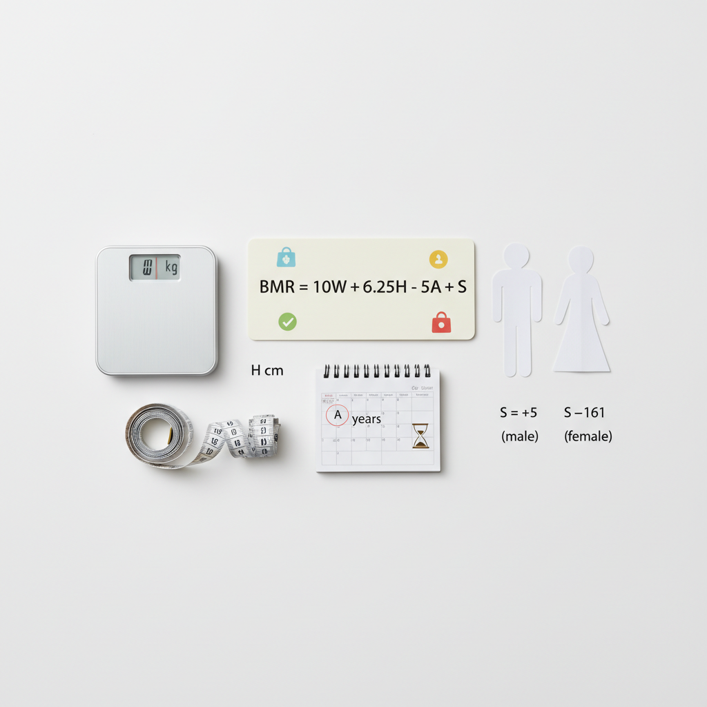 Mifflin-St Jeor equation visualized with scale, measuring tape, and calendar icons