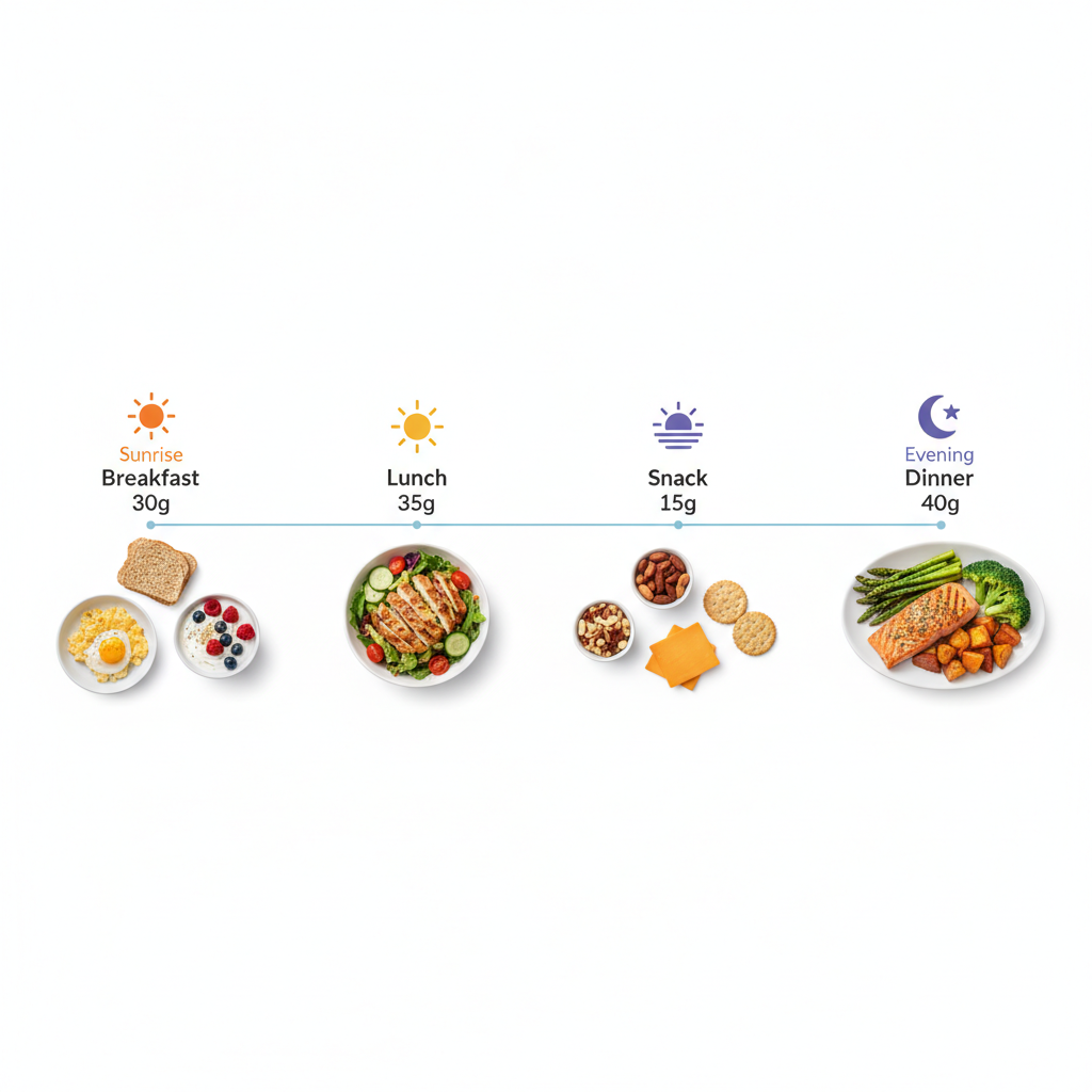 Daily timeline showing protein distribution across breakfast, lunch, snack, and dinner