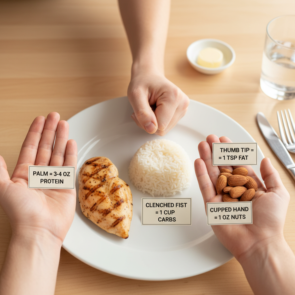 Hand portion guide showing palm, fist, thumb, and cupped hand as food references