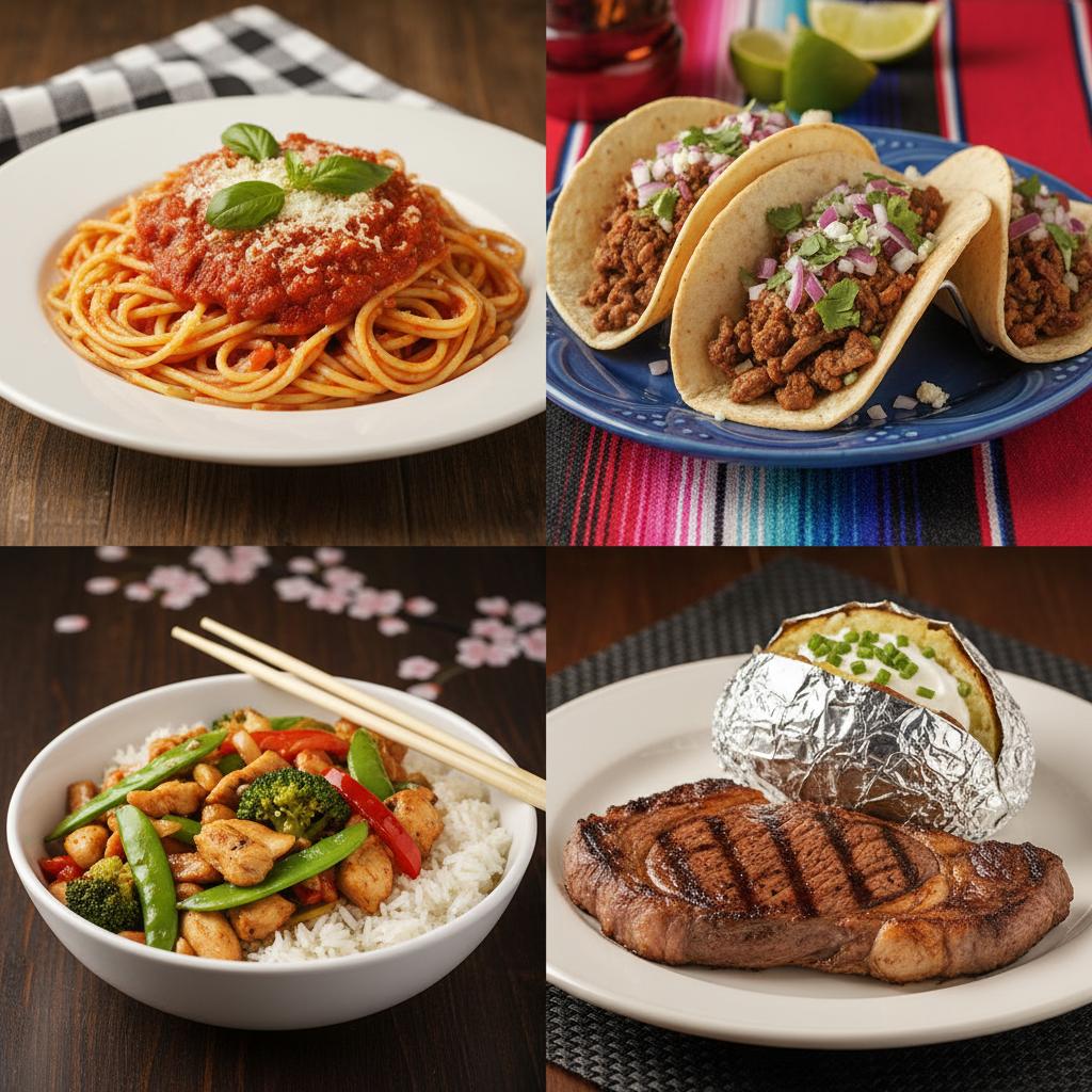 Four-cuisine collage showing Italian pasta, Mexican tacos, Asian stir-fry, and American steak