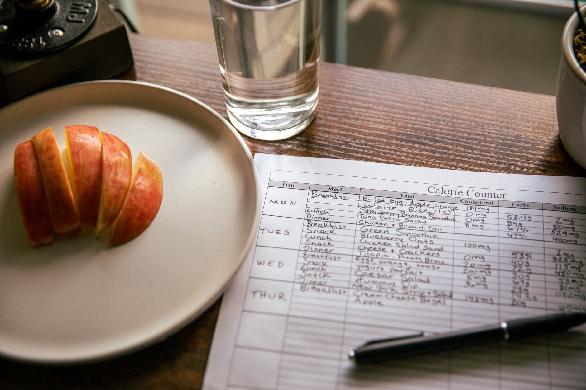 Smartphone showing a calorie tracking app weekly summary beside a notebook with weight trend graph and a balanced plated meal on a sunlit kitchen counter