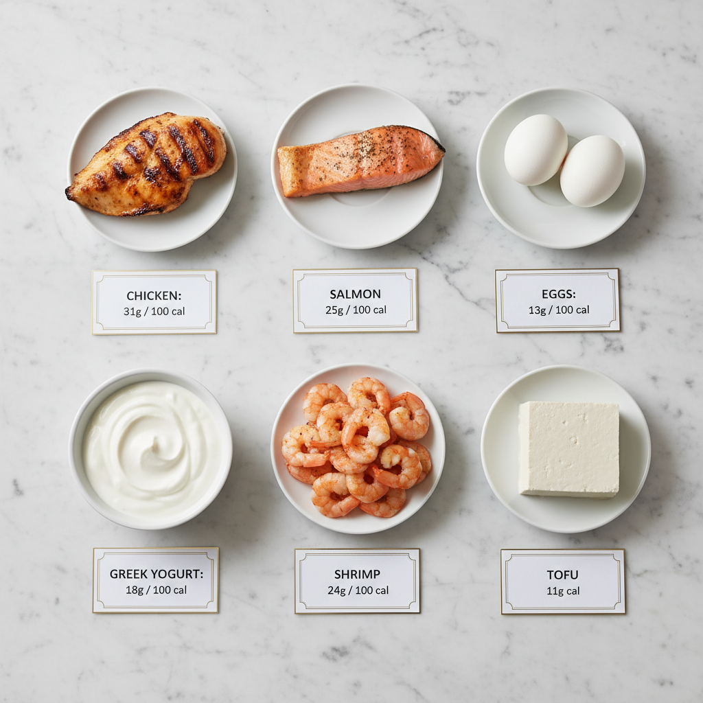 Visual comparison of protein portions across different food sources with gram amounts labeled