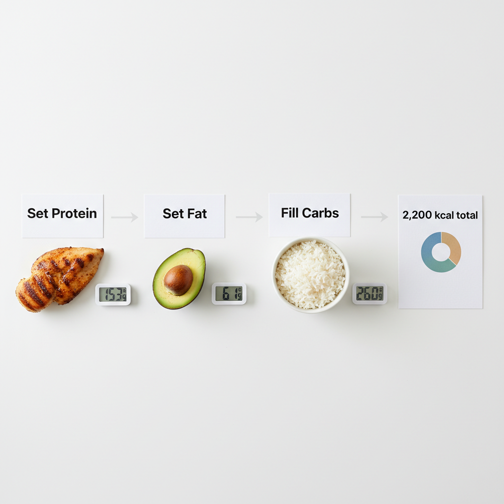 Step-by-step macro calculation flowchart showing protein first, then fat, then carbs filling the remainder