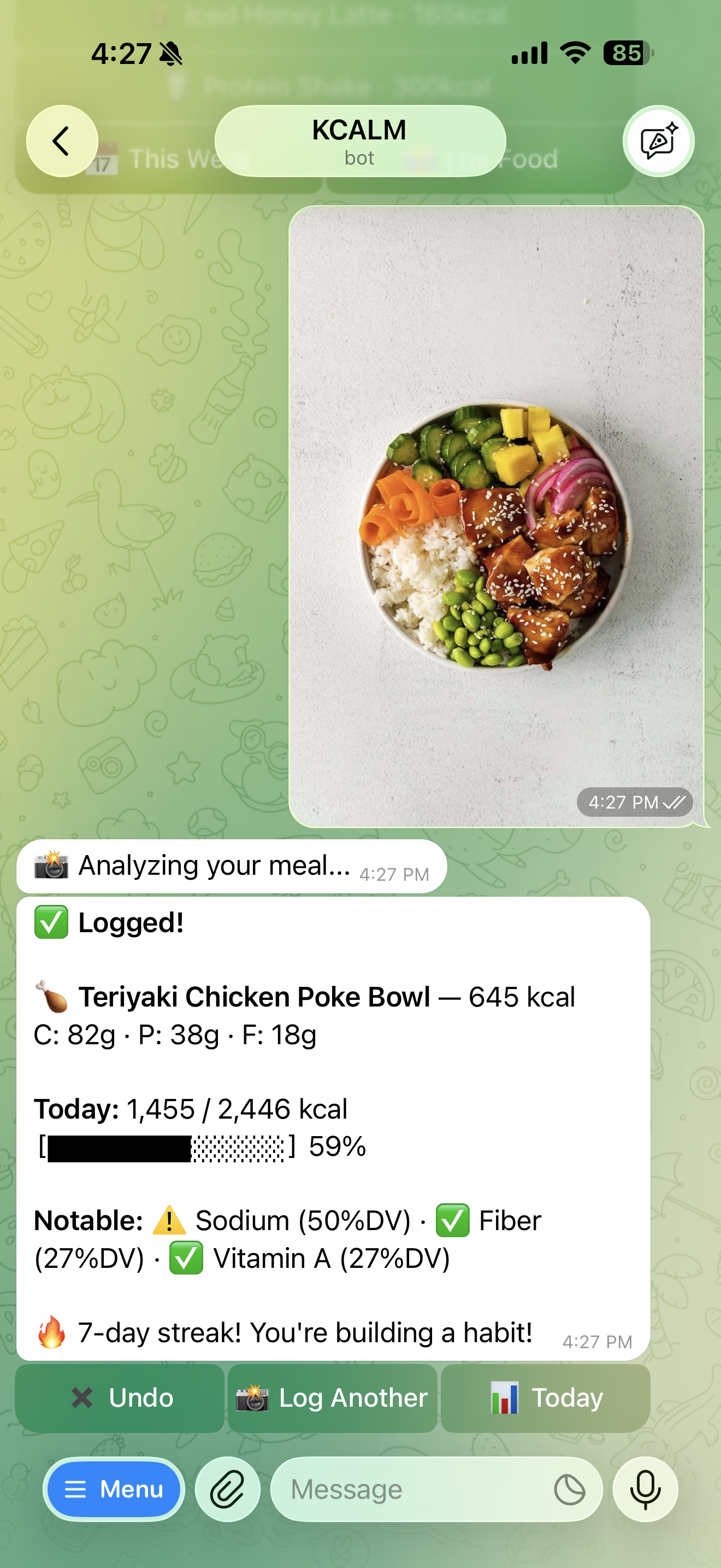 KCALM Telegram bot analyzing a photo of a Teriyaki Chicken Poke Bowl