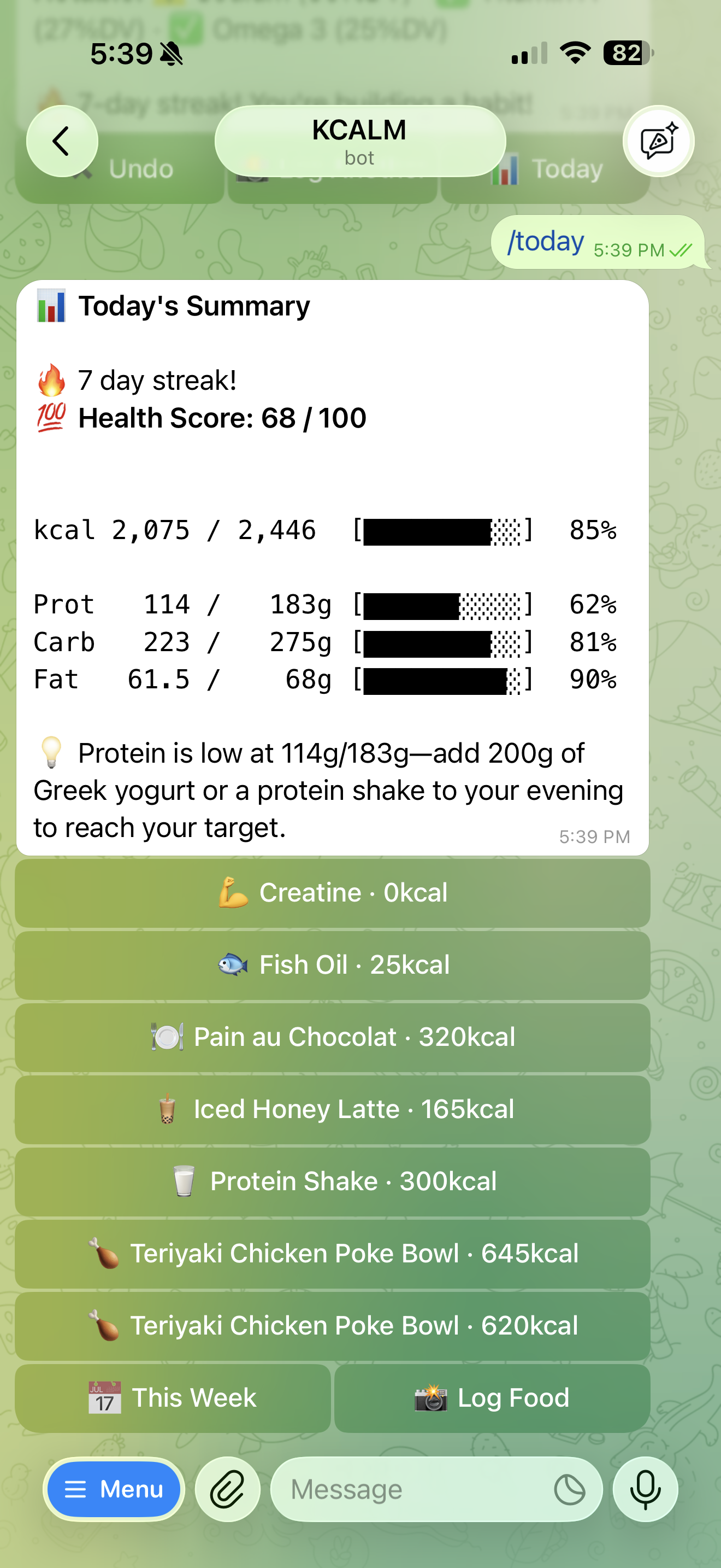 KCALM Telegram bot — daily summary with 7-day streak, macros, and logged meals