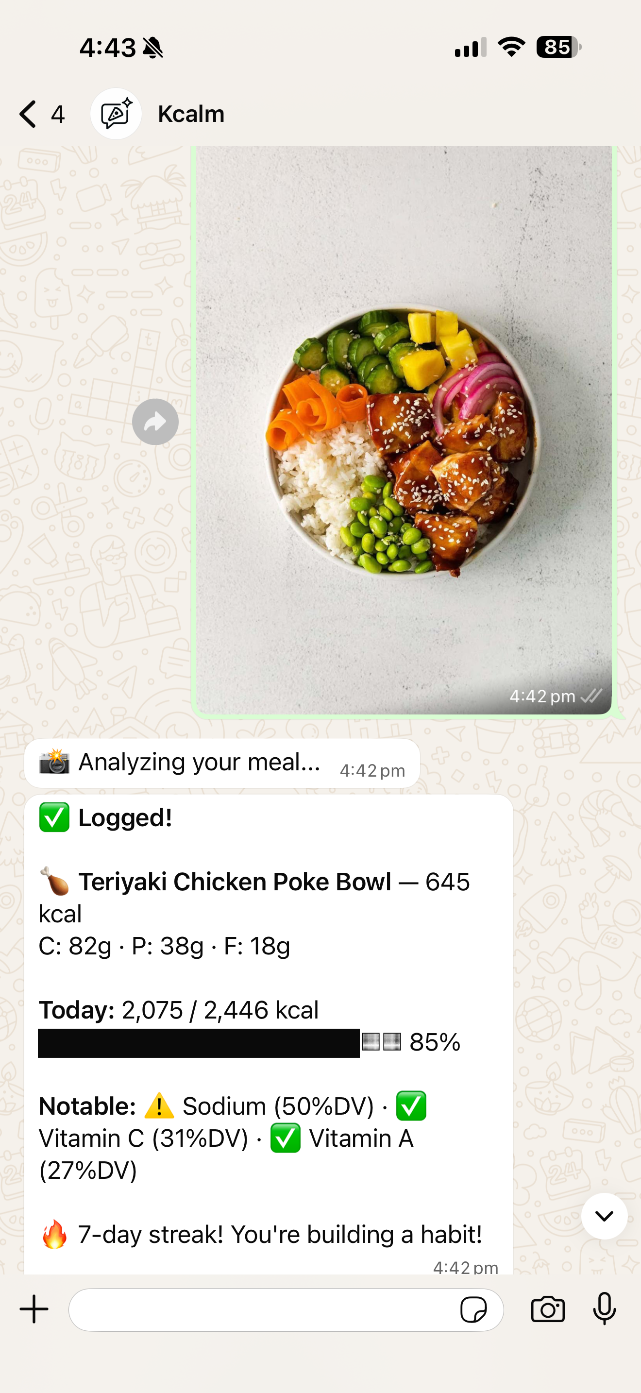 KCALM WhatsApp bot analyzing a photo of a Teriyaki Chicken Poke Bowl
