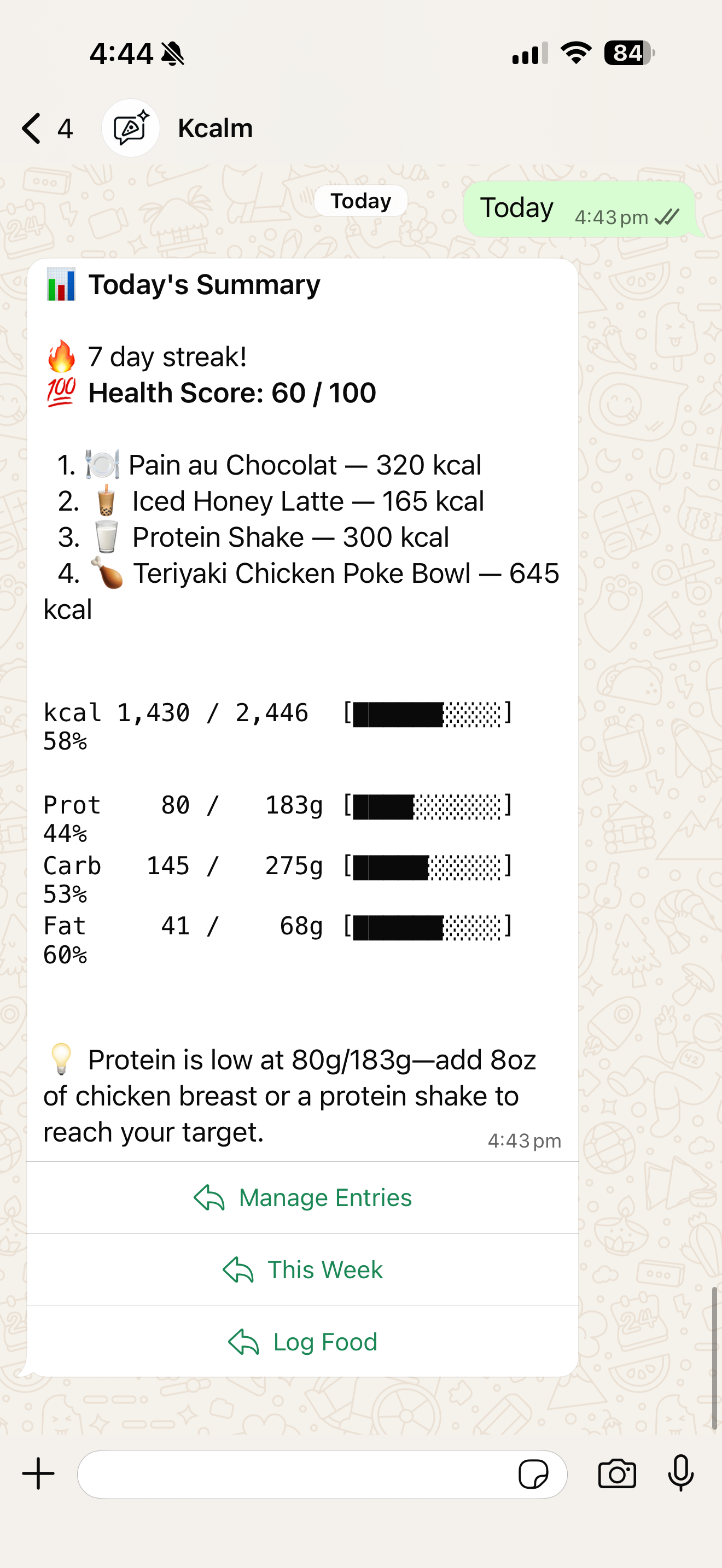 KCALM WhatsApp bot — daily summary with 7-day streak and macro tracking
