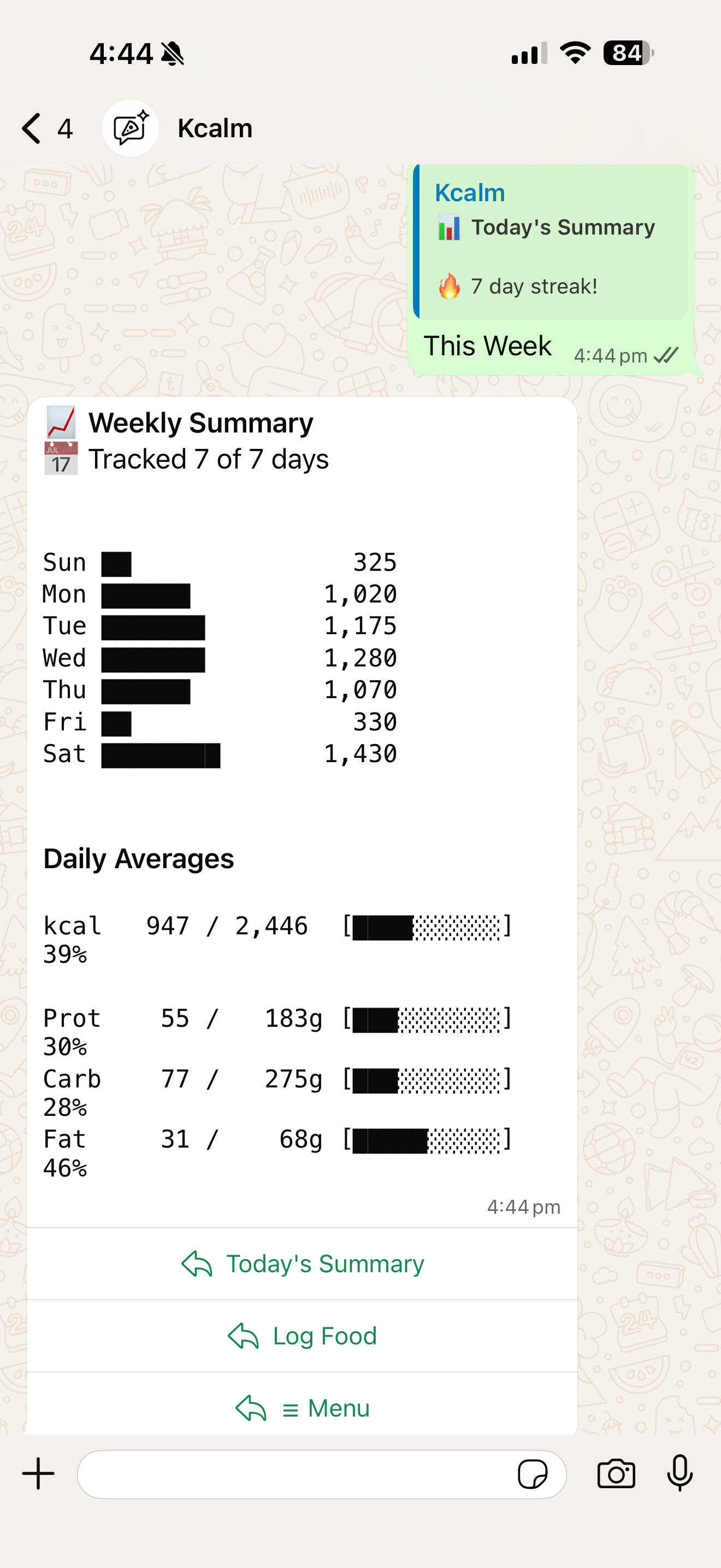 KCALM WhatsApp bot — weekly summary with daily calorie bars and averages