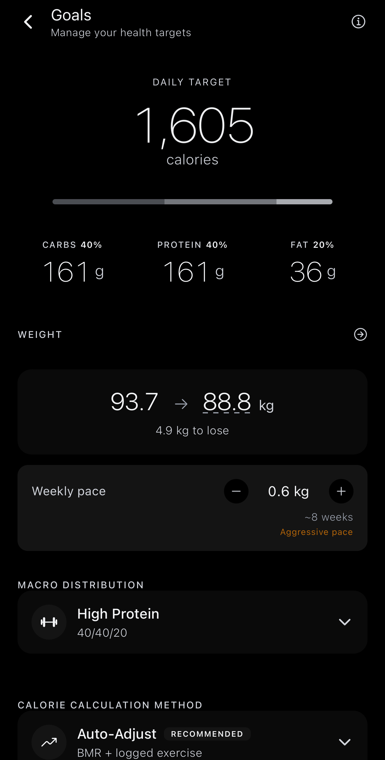Goals feature - personalized nutrition targets
