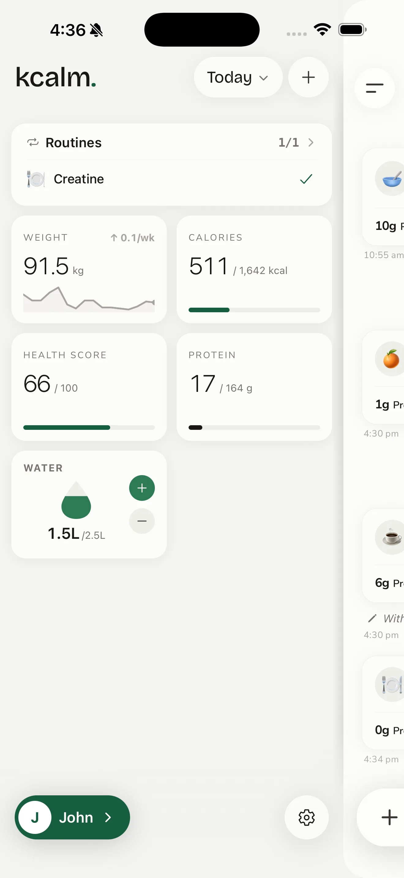 KCALM iOS dashboard with the log sidebar, weight trend, calories, health score, protein and water for the day