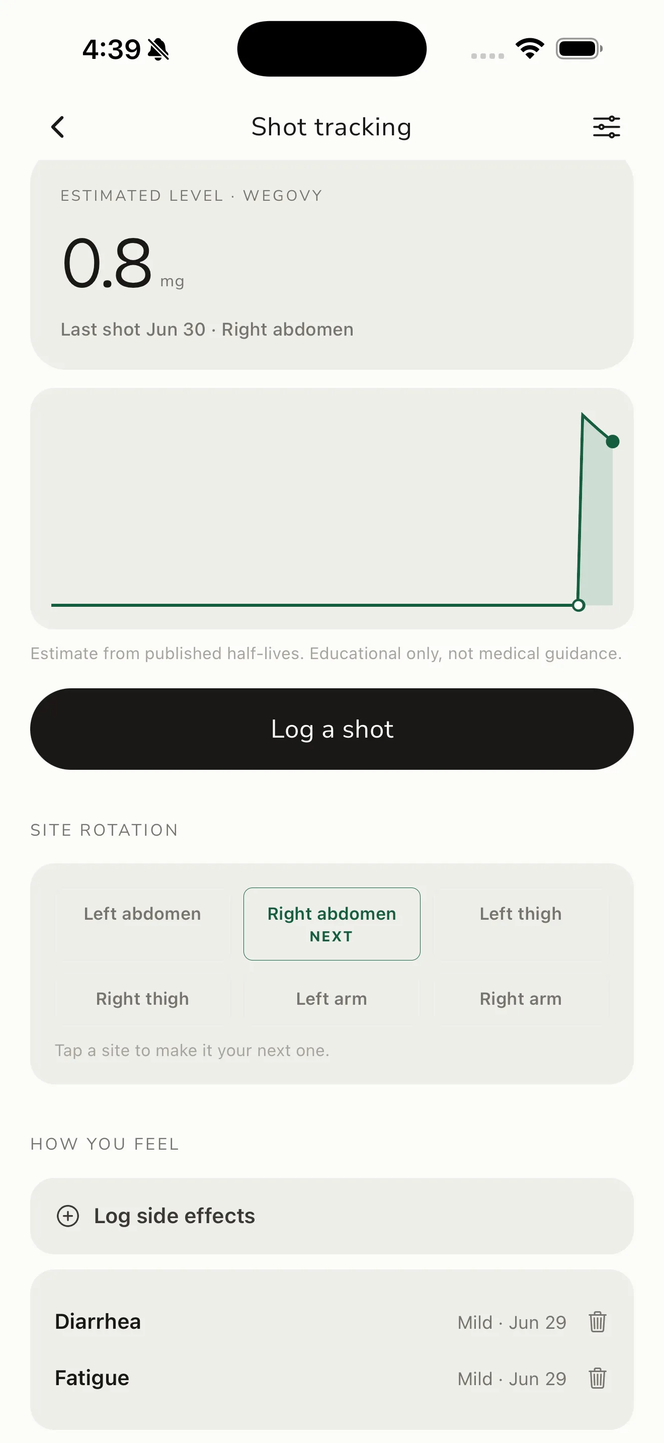 KCALM iOS GLP-1 shot tracking with estimated medication level, injection site rotation and logged side effects
