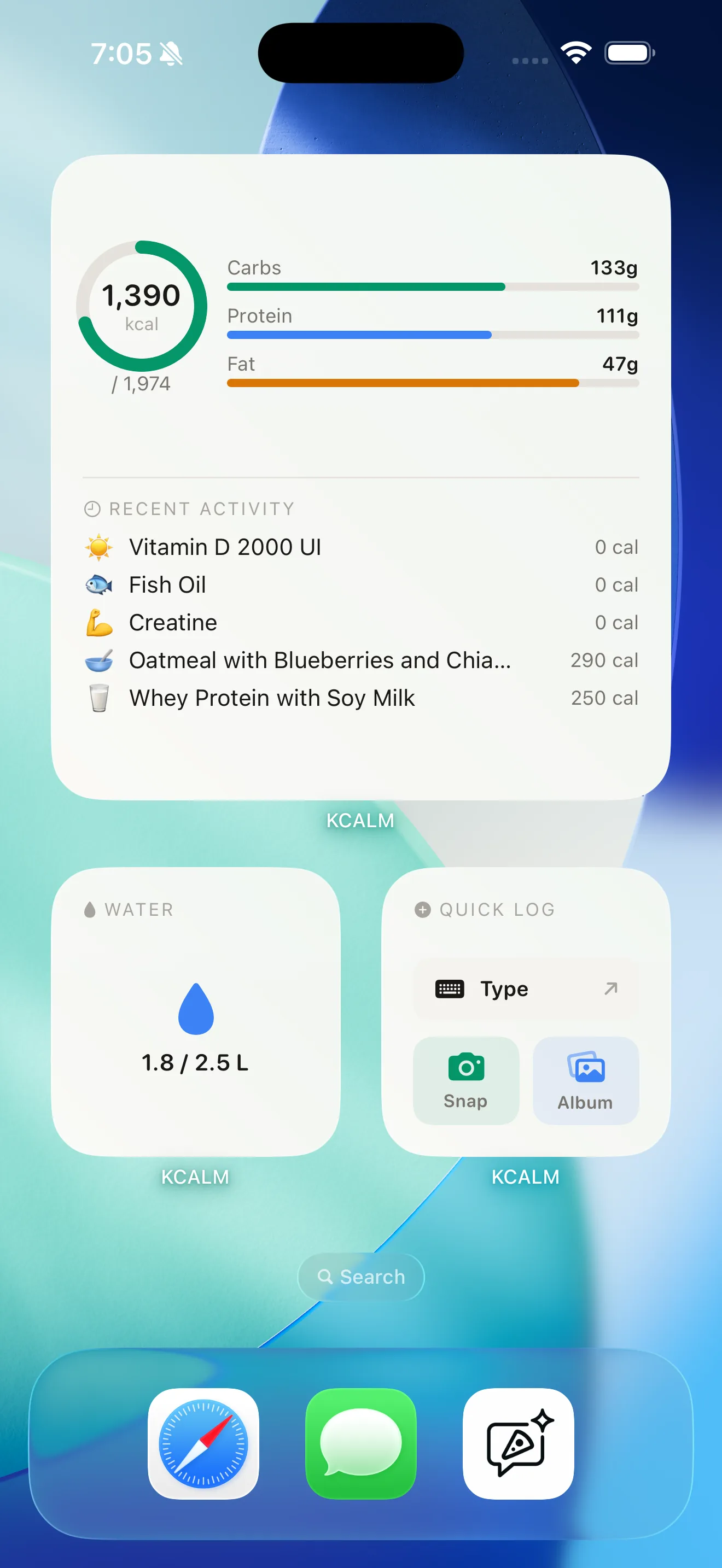 KCALM iOS home screen widgets for daily calories and macros, water intake and quick logging