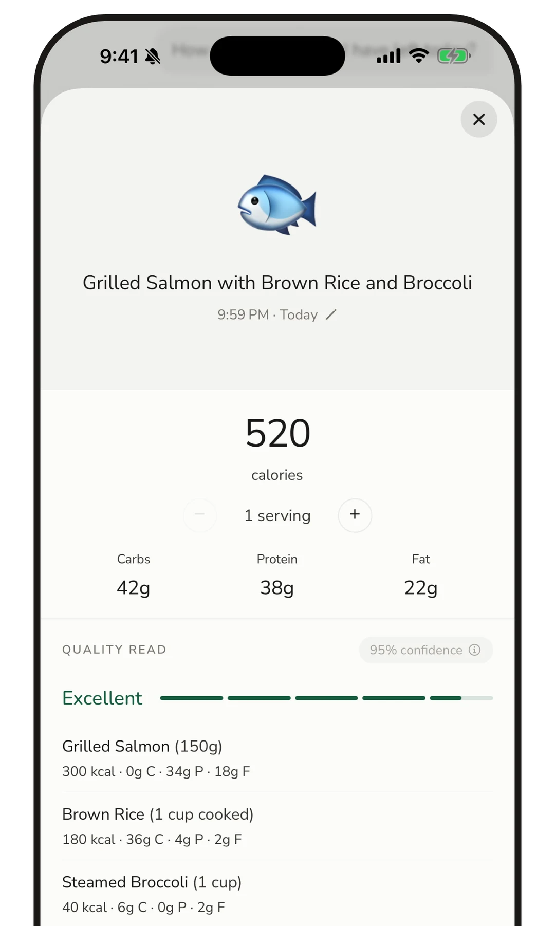 The kcalm food detail on iPhone for grilled salmon with brown rice and broccoli: 520 calories, 42g carbs, 38g protein, 22g fat, graded Excellent at 95% confidence and itemised into salmon at 300 kcal, brown rice at 180 kcal and broccoli at 40 kcal.