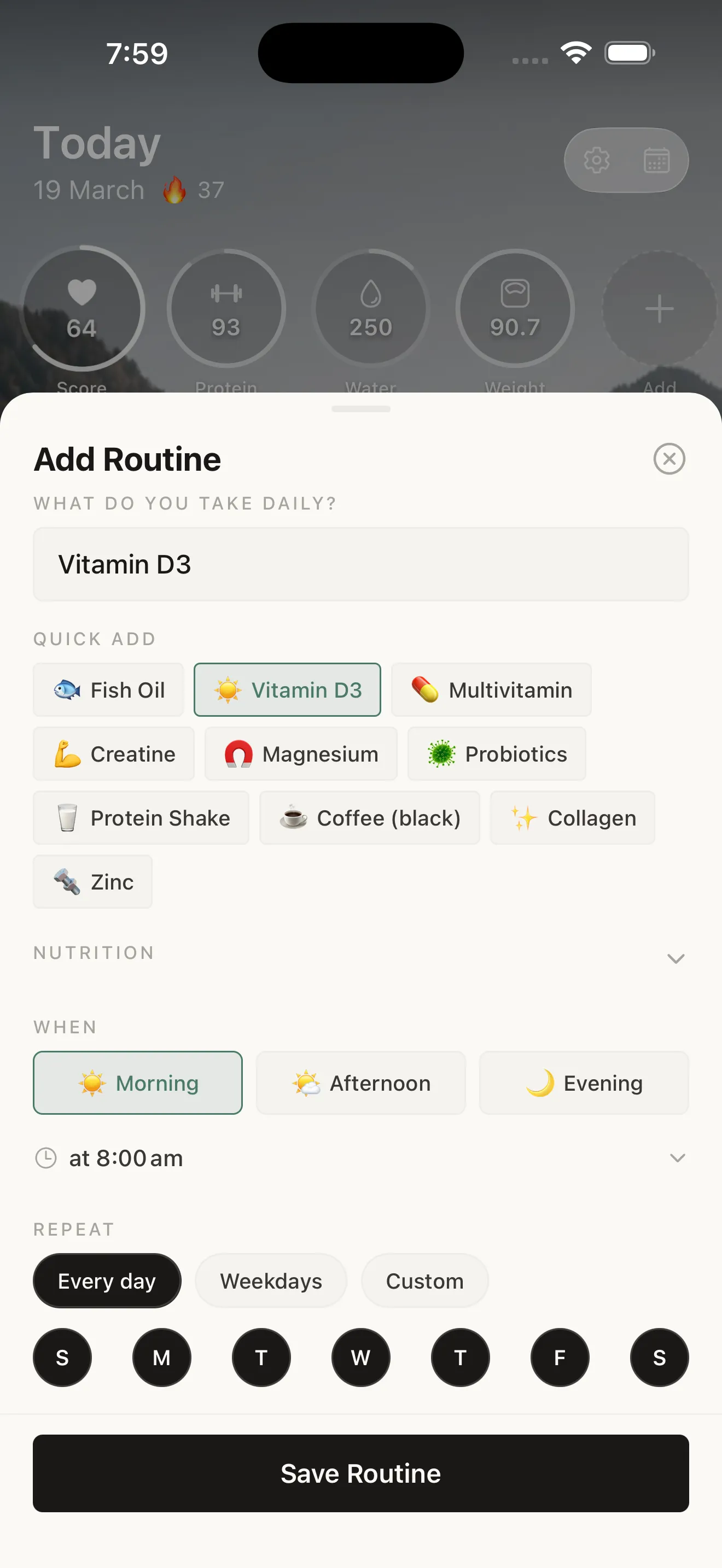 KCALM iOS — daily supplement routines with morning/afternoon/evening scheduling