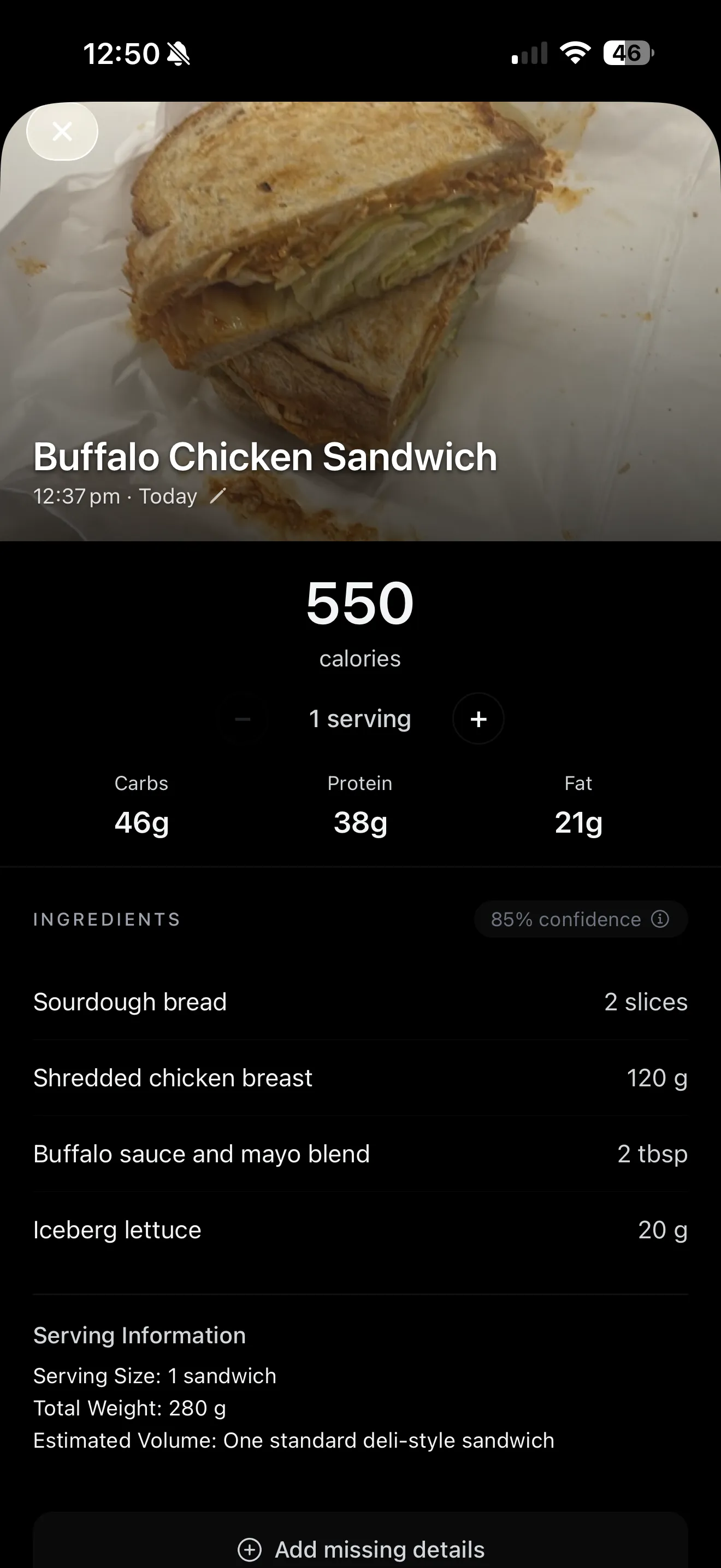 Track feature - Buffalo Chicken Sandwich with 550 calories and macro breakdown
